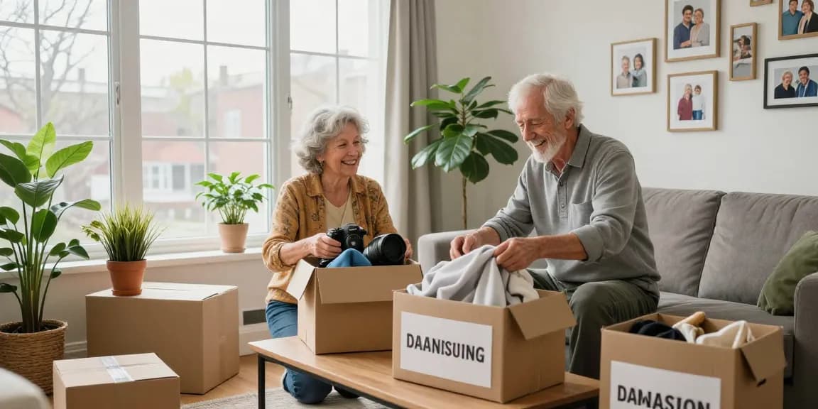 Downsizing Ottawa: Elderly couple organizing belongings in a bright, cozy living room.
