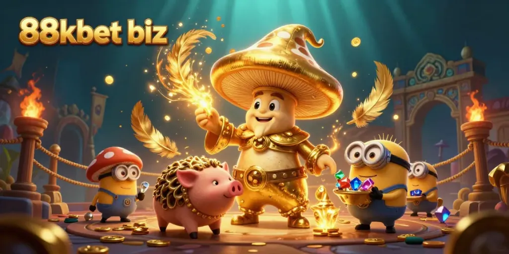 Engage in winning strategies with 88kbet biz surrounded by treasures and magical elements in a vibrant casino scene.