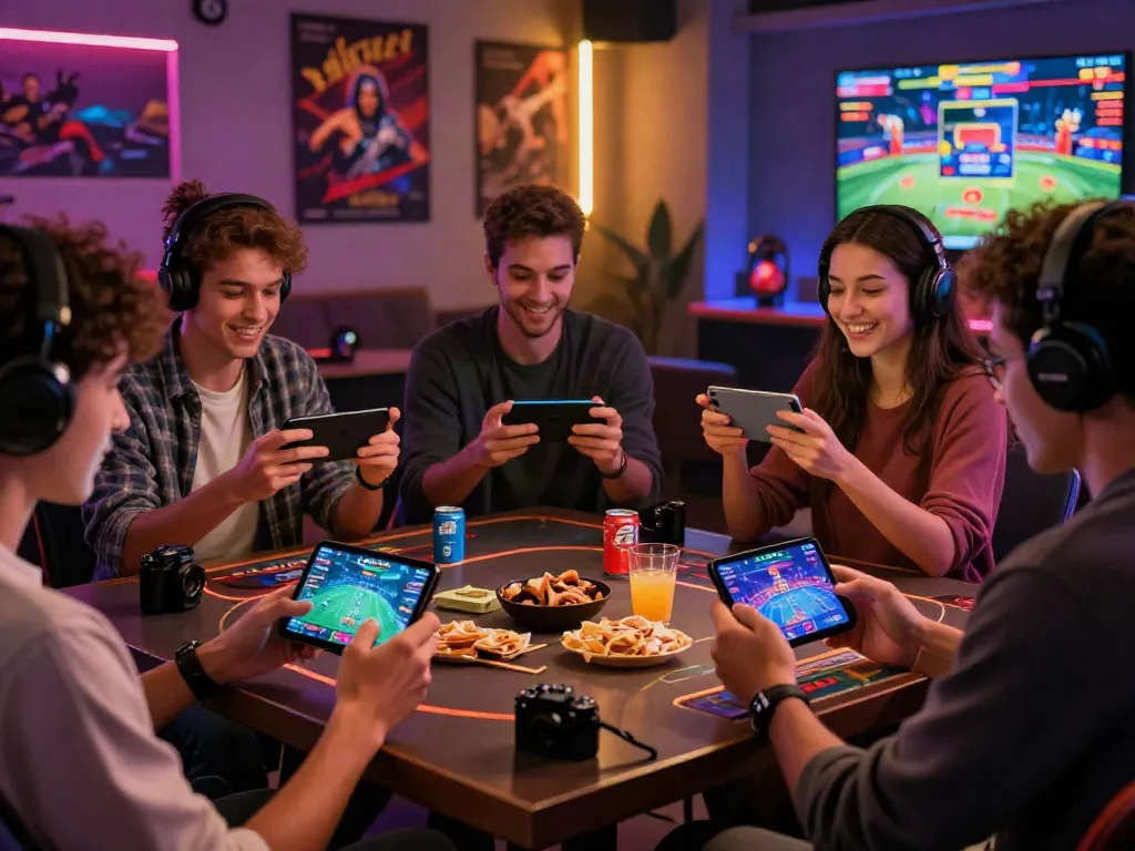Friends engaging in online gaming with GEM88 on their devices, vibrant atmosphere filled with excitement.