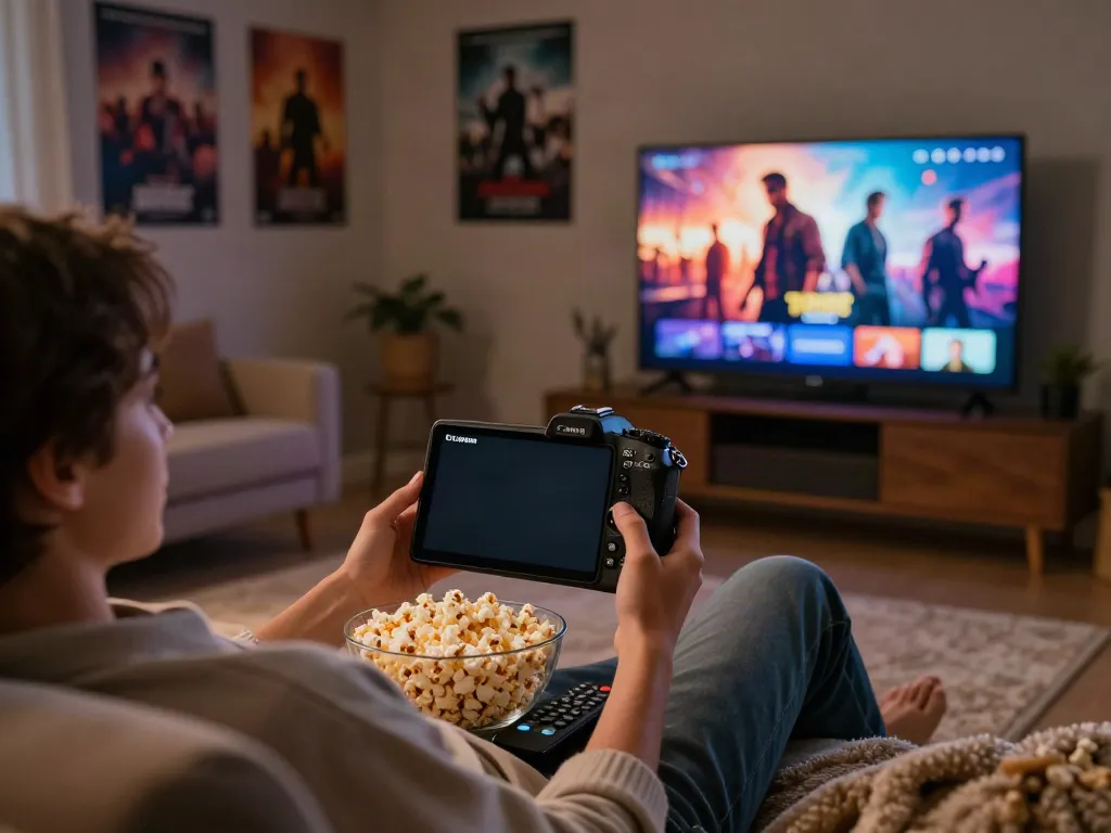 Person enjoying movies on Filmyzilla app in cozy living room setting with popcorn and TV screen.