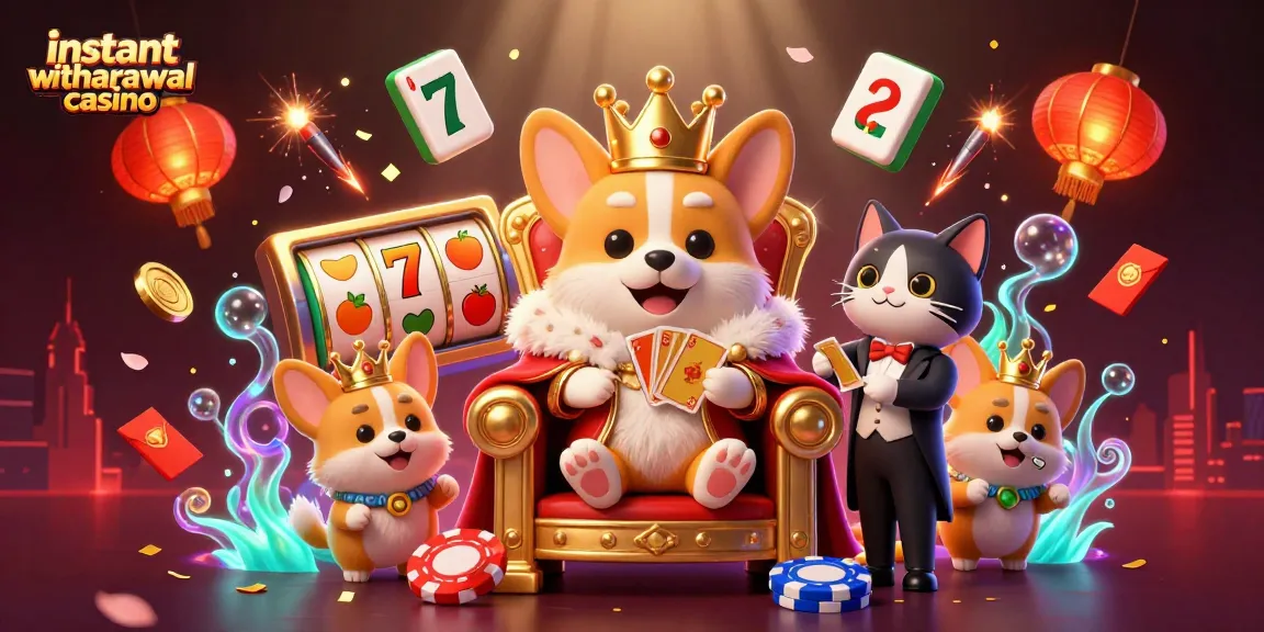 Experience the excitement of an instant withdrawal casino with a royal corgi and gaming elements.