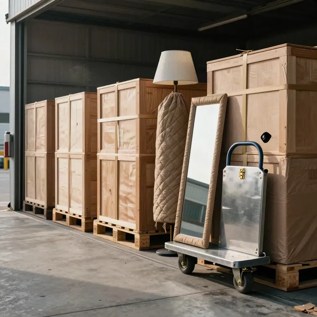 Secured moving crates, wrapped lamp, mirror, and dolly in a dusty loading bay.