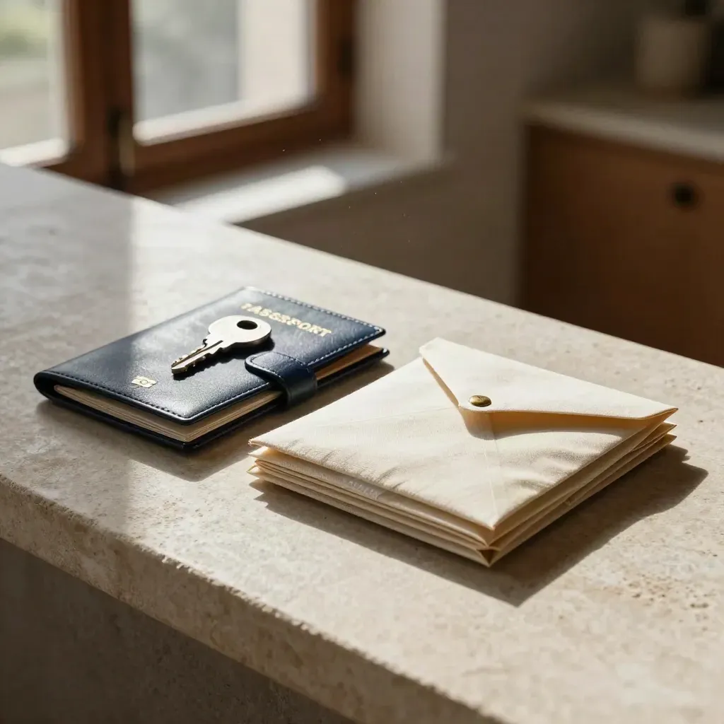 Visa travel kit with passport wallet, document sleeve, key, and sealed pouch on a stone counter