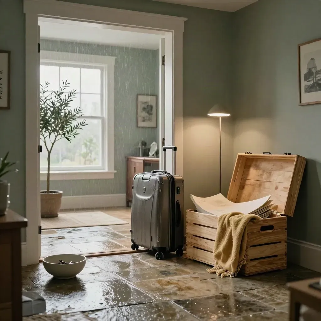 Rain-damp arrival foyer with suitcases, moving crate, olive tree and dawn light.