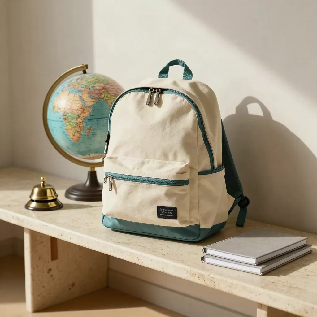School backpack kit on a pale travertine bench with lunchbox, globe, bell, and notebooks.
