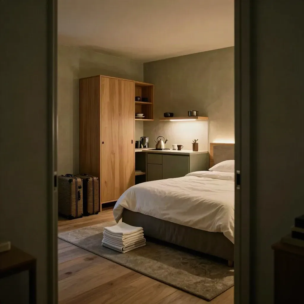 Compact studio with made bed, suitcases, kettle, and lamp glowing softly at night.