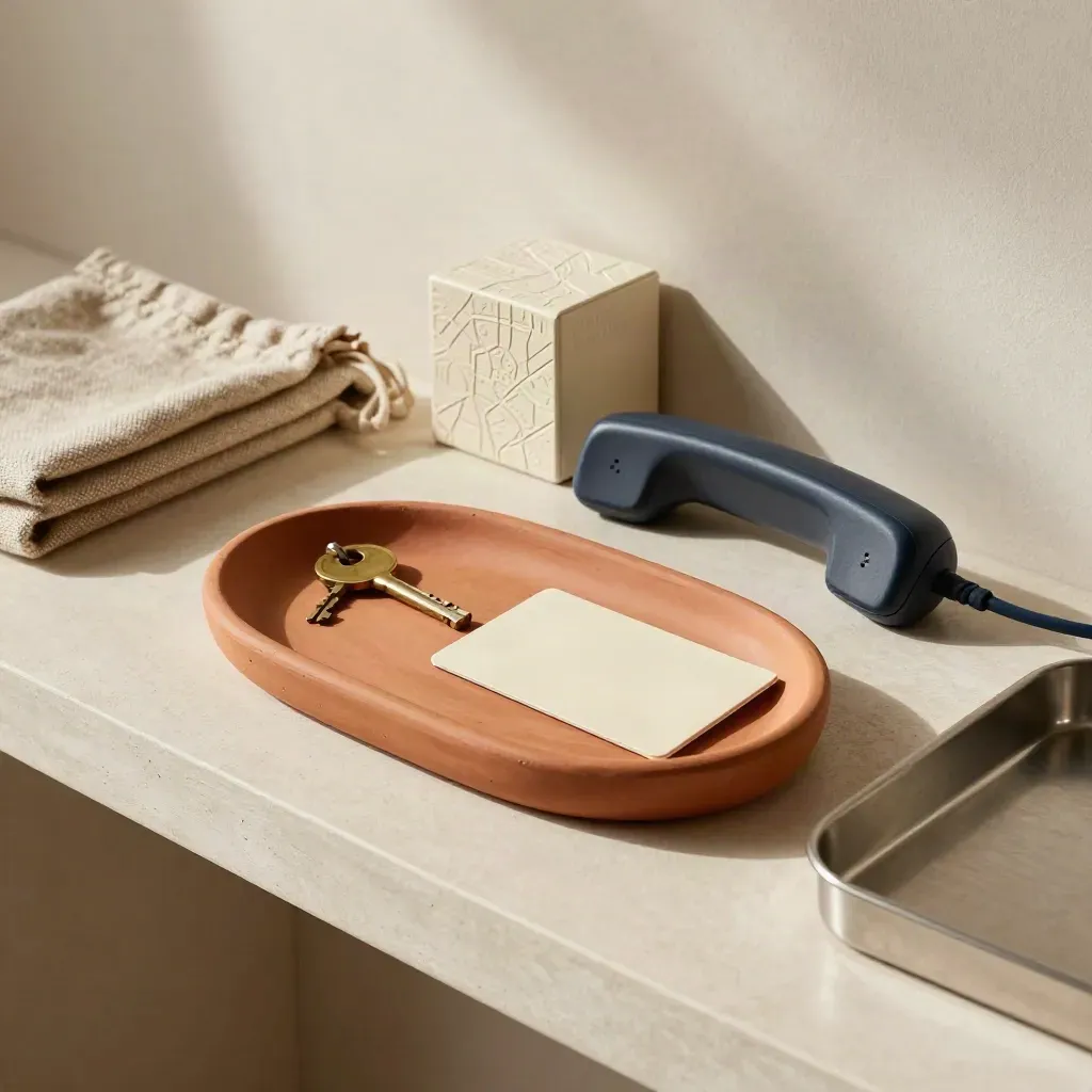Arrival console with key tray, transit card sleeve, handset dock and city guide cube in warm light