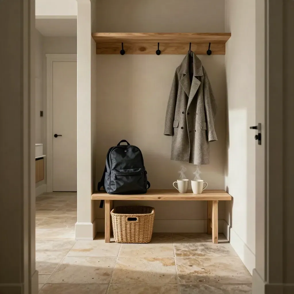 Calgary mudroom with backpack, bench, mugs, warm hallway light, and steam