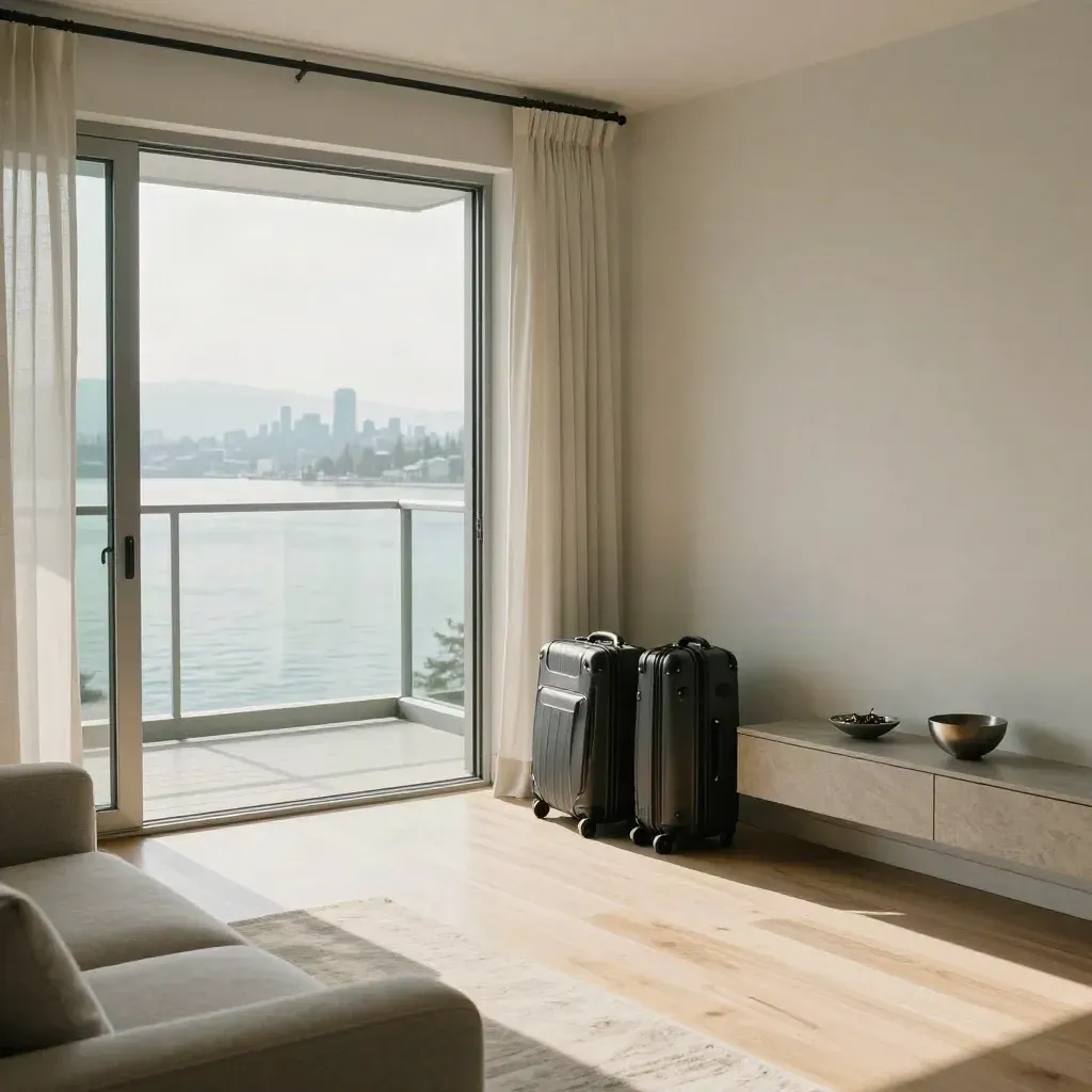 Empty Vancouver condo living room with open balcony doors, suitcases and keys, ready for arrival.