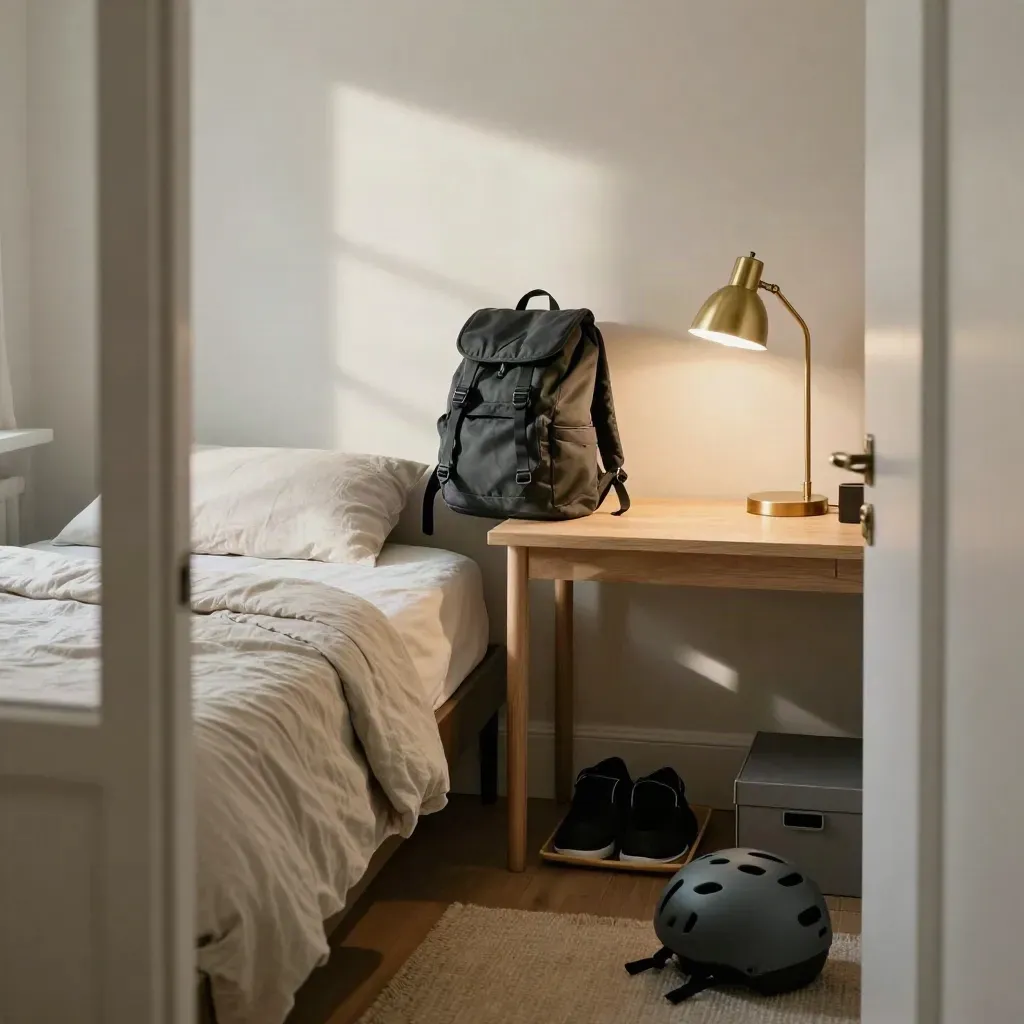 Compact Ottawa student studio, made bed, backpack, desk lamp, and bike helmet by the doorway.