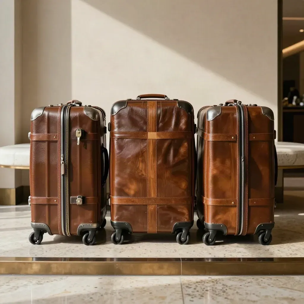 Three suitcases, moving crates, and key trays staged in a dramatic lobby bay.