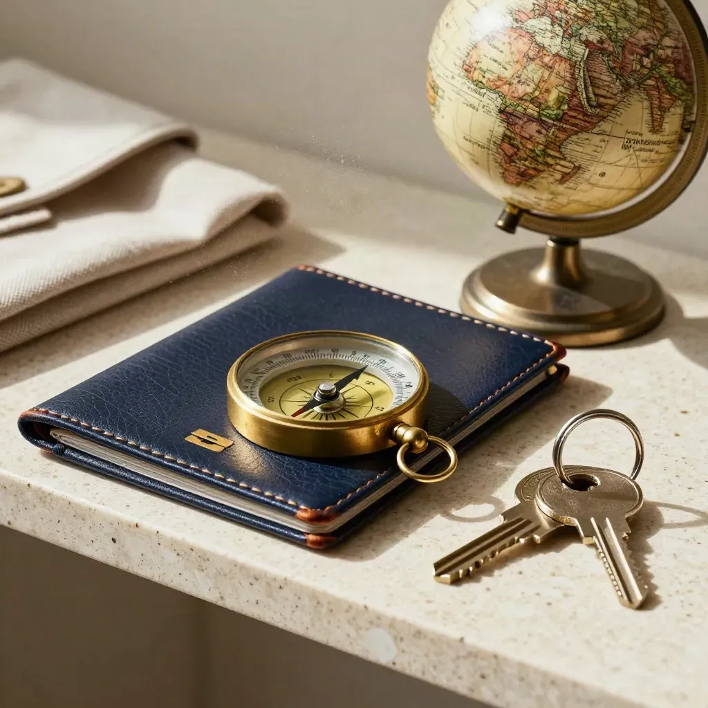 Macro still life of a passport wallet, brass compass, globe and keyring on travertine.
