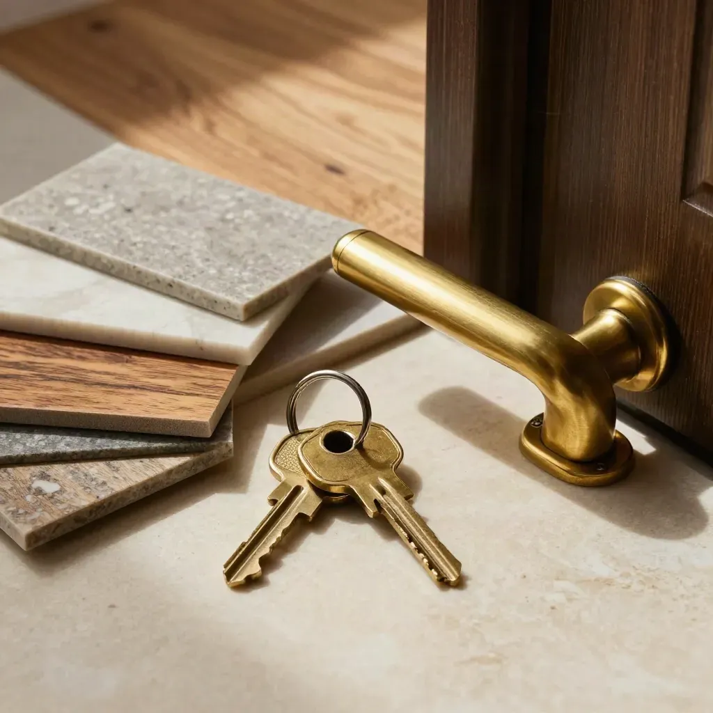 Brass keys, oak and stone chips, and a miniature door handle on a pale limestone threshold.