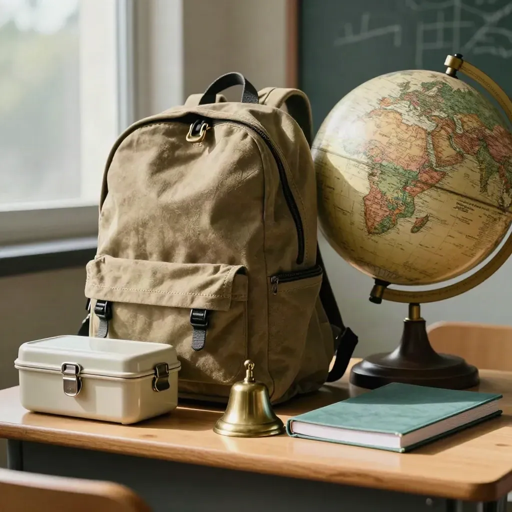 Globe, school bell, backpack, lunchbox and notebook on a classroom shelf in soft daylight.