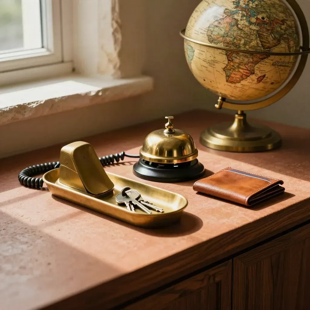 Brass bell, handset dock, key tray, leather wallet and small globe on a terracotta counter.