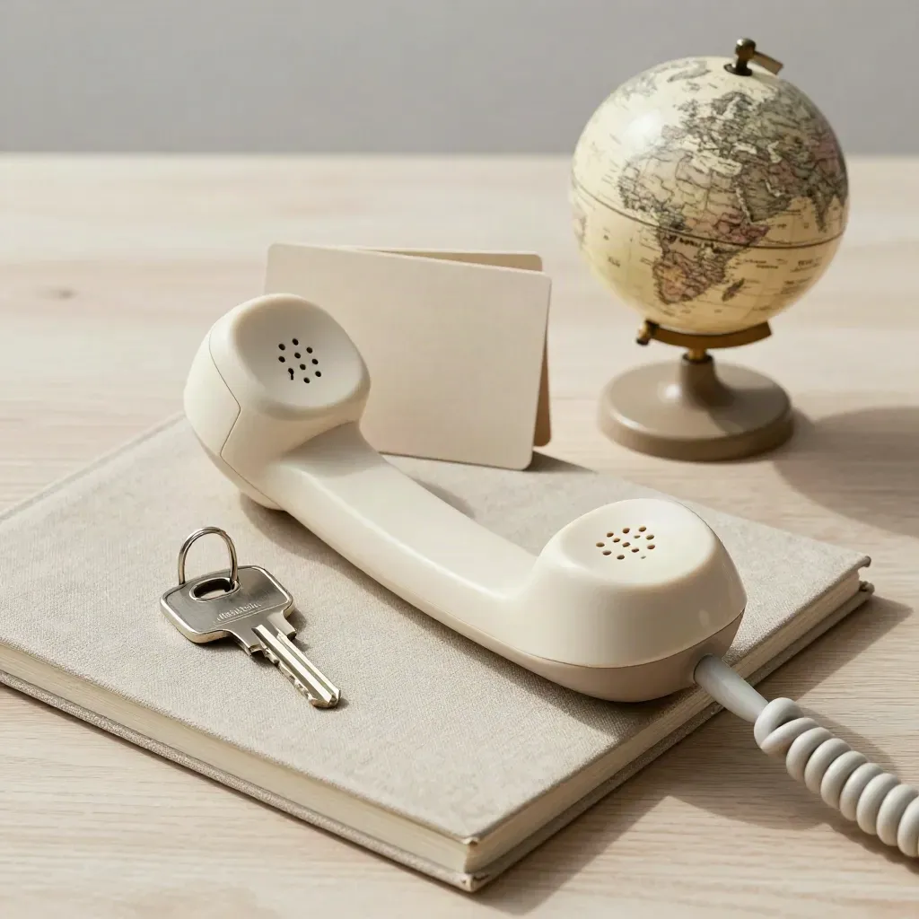 Top-down still life of a handset, closed notebook, globe and house key on pale oak.