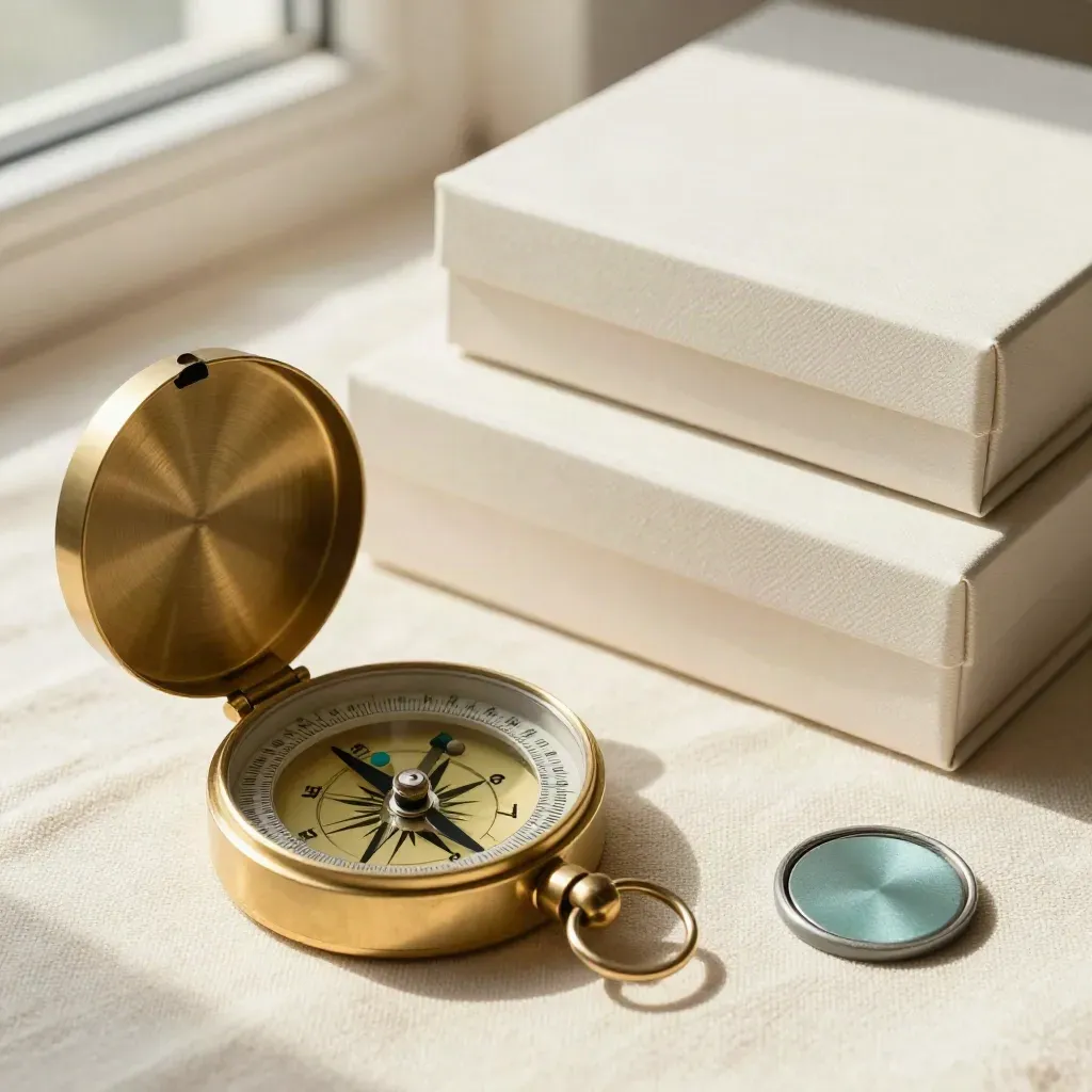 Brass compass, destination tokens, key ring, and nested boxes on linen in soft window light.