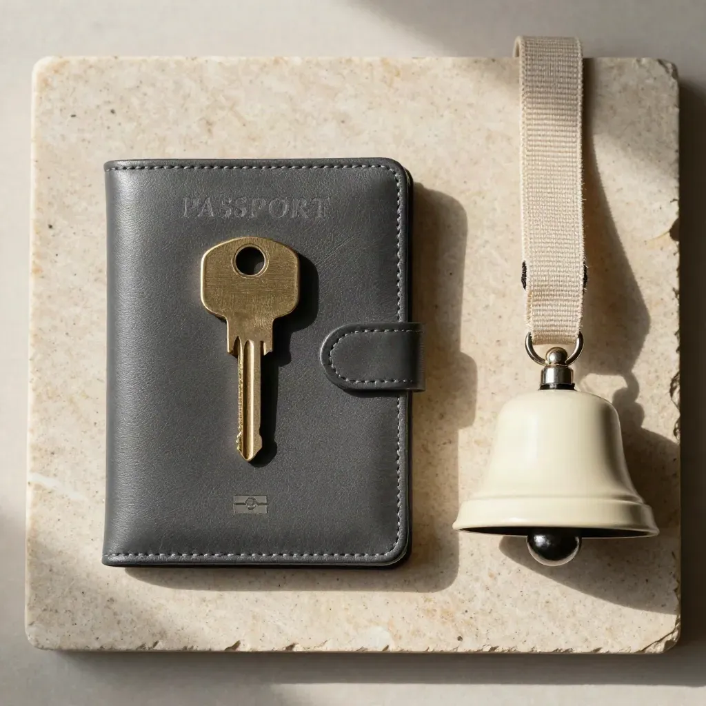 Passport wallet, brass key, school bell, and packing strap in a precise overhead flatlay.