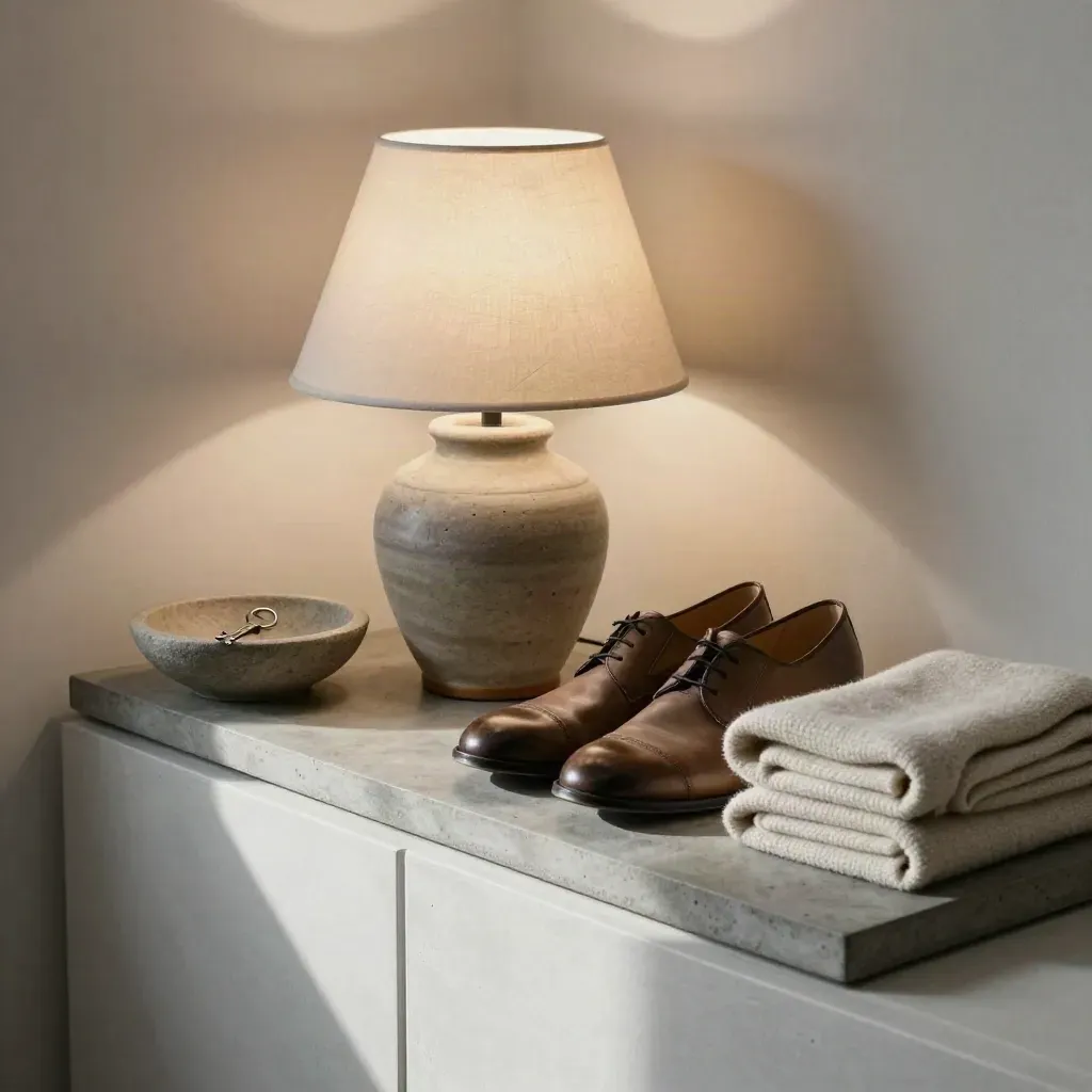 Travel lamp, key bowl, aligned shoes, and folded blanket on a stone tray in soft side light.