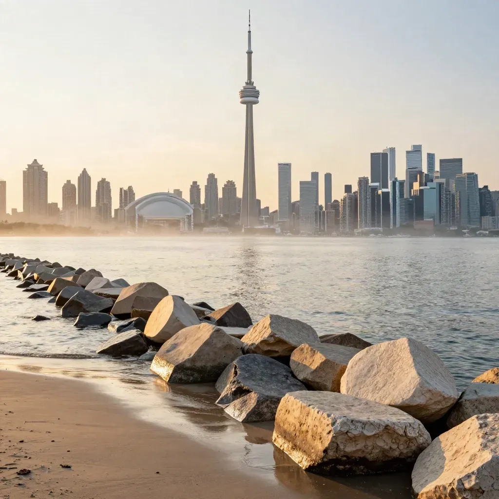 CN Tower over Lake Ontario at golden hour, misty Toronto skyline above calm water