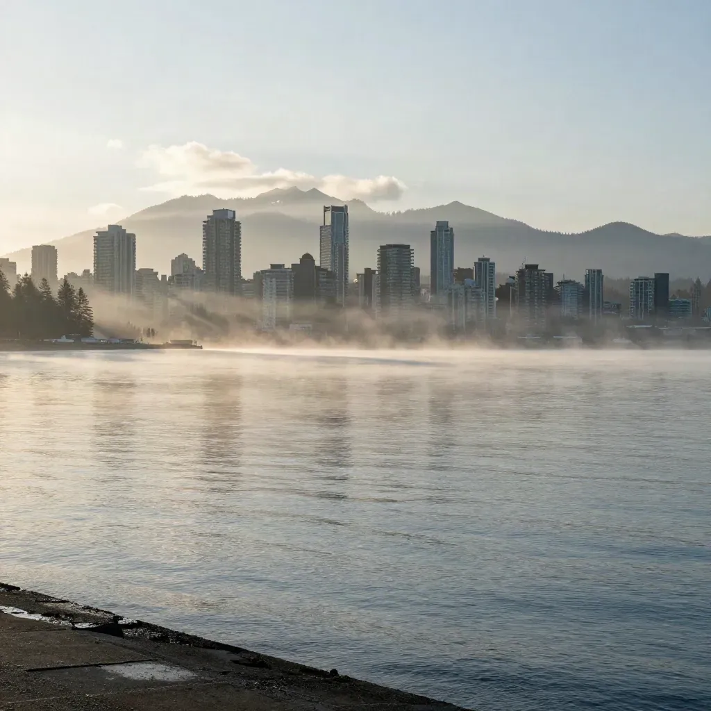 Metro Vancouver skyline and North Shore mountains in dawn fog over calm water