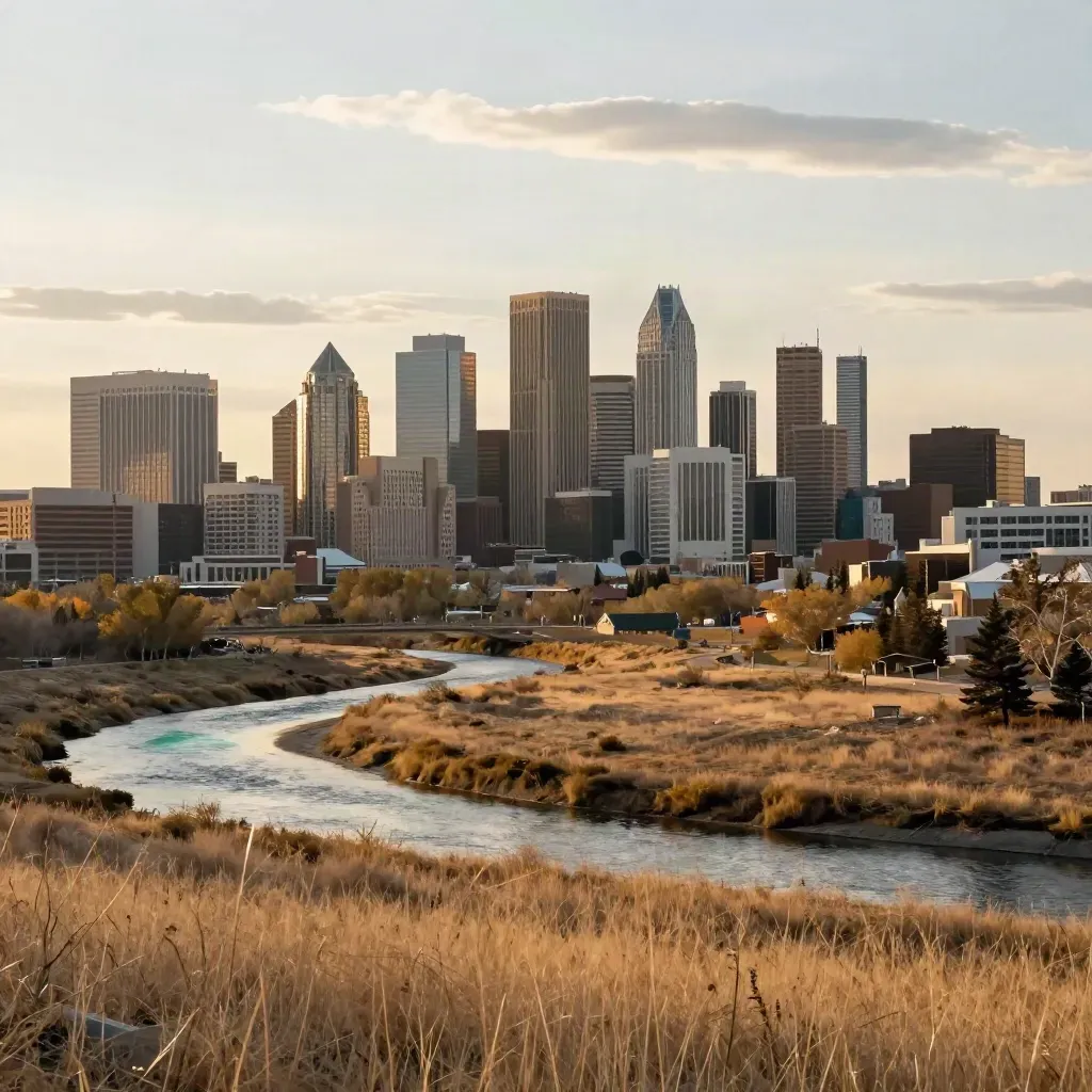 Calgary skyline over prairie grass and a winding river at golden hour