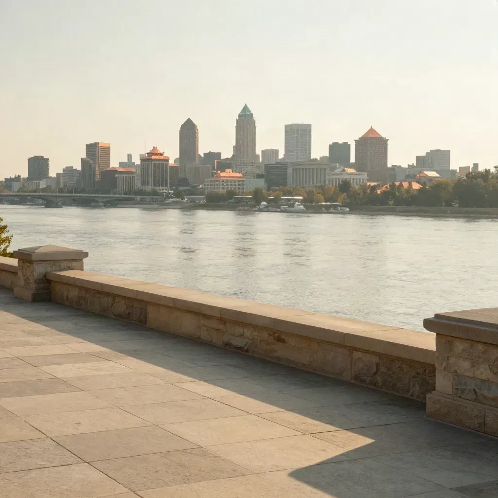 Limestone terrace, river shimmer, copper rooftops and distant civic towers above calm copy space at dusk