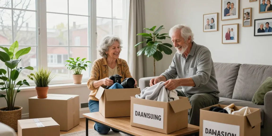 Downsizing Ottawa: Elderly couple organizing belongings in a bright, cozy living room.