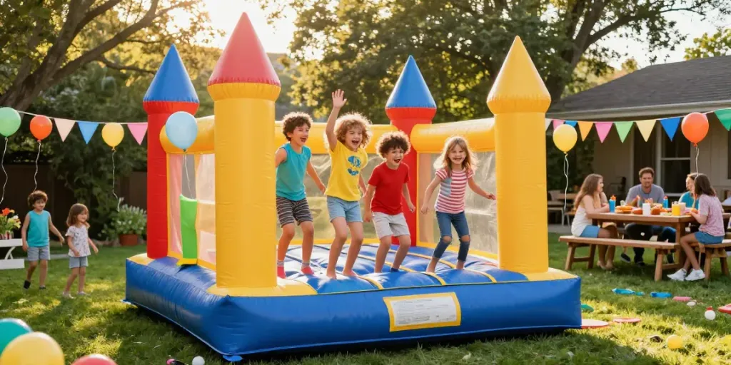 Kids enjoying a bounce castle at a vibrant outdoor party