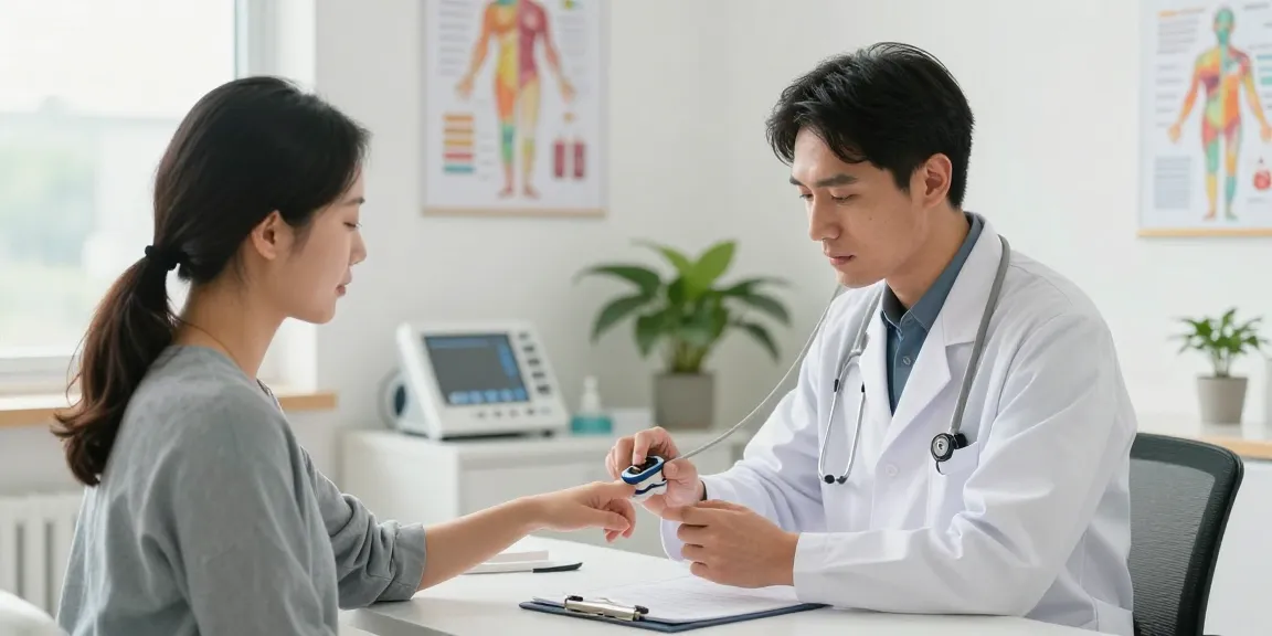 Healthcare professional measuring pulse oximeter on patient in bright examination room