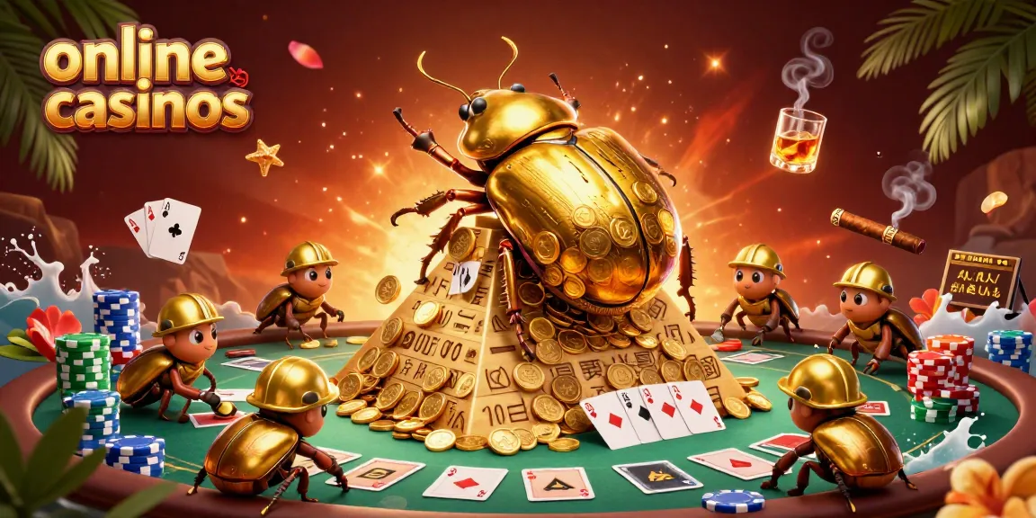 Experience excitement with online casinos, featuring vibrant casino symbols and lively beetles.